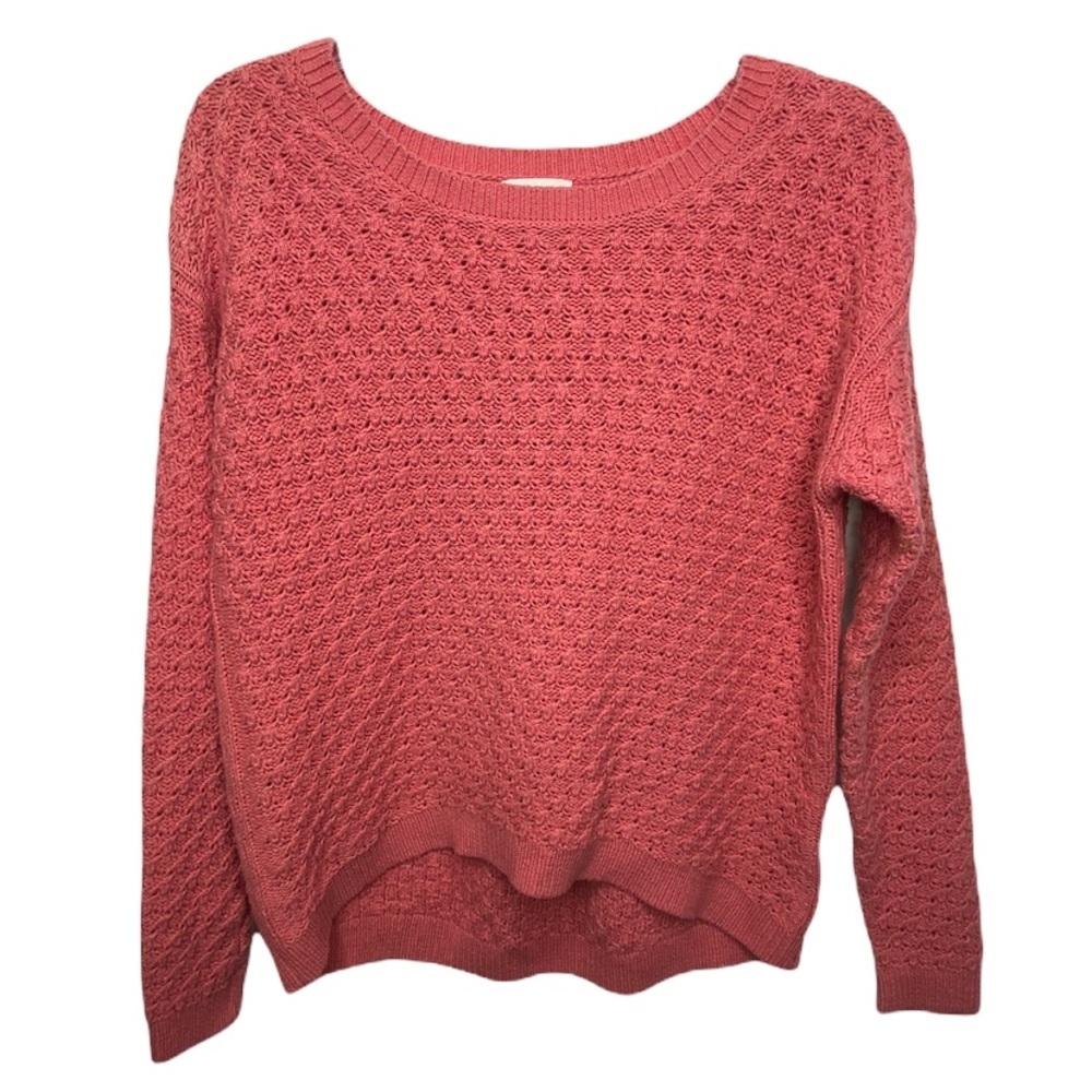 Old Navy Women’s Hi-Low Crochet Knit Sweater S/P Salmon Pink Crew Neck Long Slvs